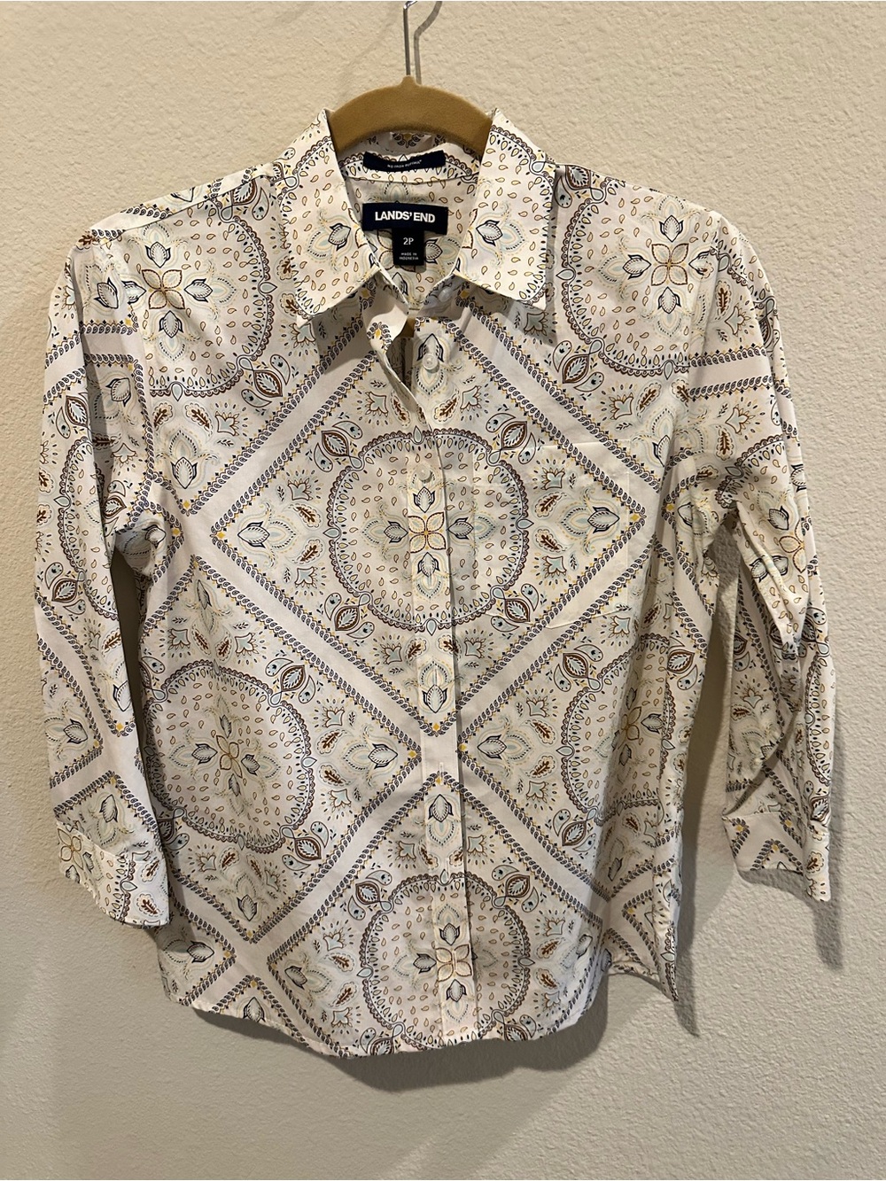 Lands' End Cream Button-Down Shirt with Subtle Multi-Color Medallion Print